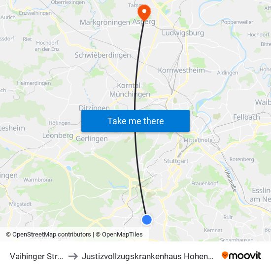 Vaihinger Straße to Justizvollzugskrankenhaus Hohenasperg map