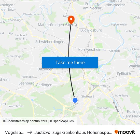 Vogelsang to Justizvollzugskrankenhaus Hohenasperg map