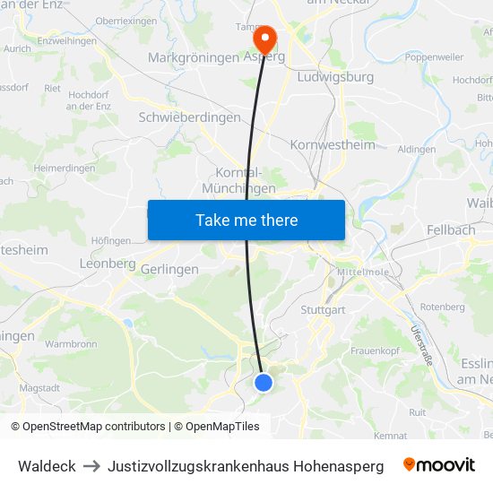Waldeck to Justizvollzugskrankenhaus Hohenasperg map