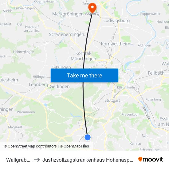 Wallgraben to Justizvollzugskrankenhaus Hohenasperg map