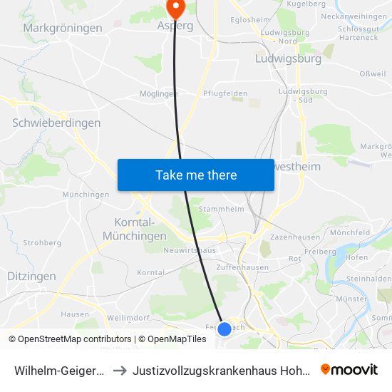 Wilhelm-Geiger-Platz to Justizvollzugskrankenhaus Hohenasperg map