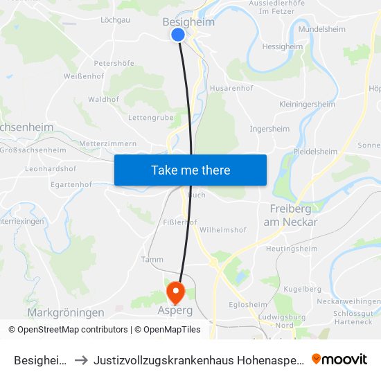 Besigheim to Justizvollzugskrankenhaus Hohenasperg map