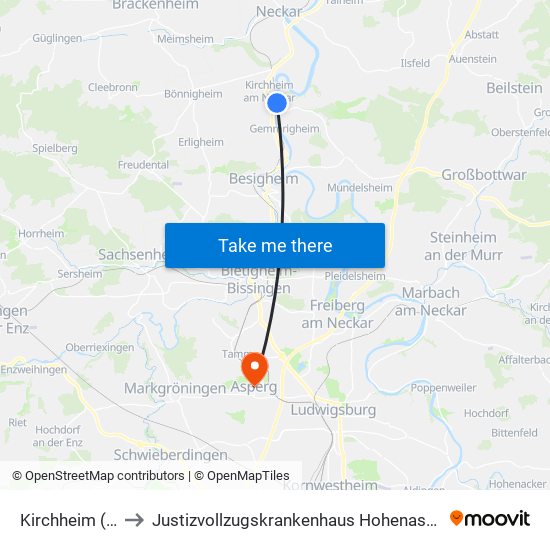 Kirchheim (N) to Justizvollzugskrankenhaus Hohenasperg map