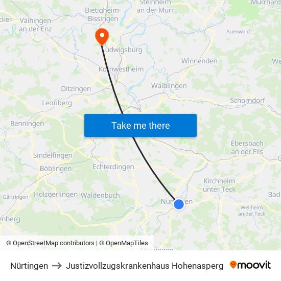Nürtingen to Justizvollzugskrankenhaus Hohenasperg map