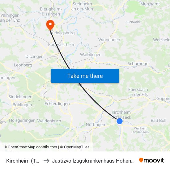 Kirchheim (Teck) to Justizvollzugskrankenhaus Hohenasperg map