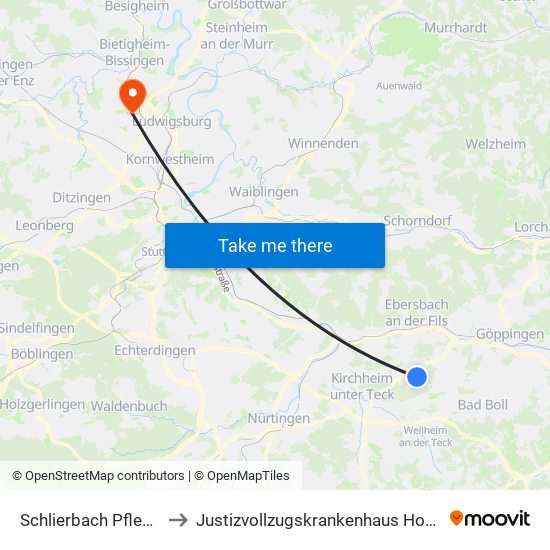 Schlierbach Pflegeheim to Justizvollzugskrankenhaus Hohenasperg map