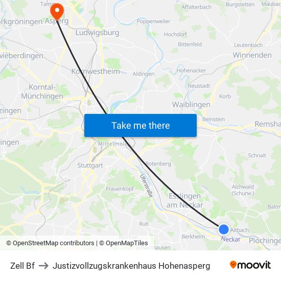 Zell Bf to Justizvollzugskrankenhaus Hohenasperg map