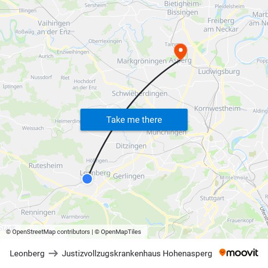 Leonberg to Justizvollzugskrankenhaus Hohenasperg map