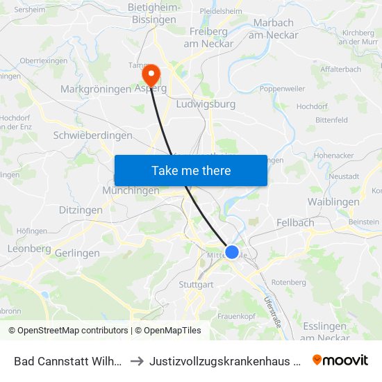 Bad Cannstatt Wilhelmsplatz to Justizvollzugskrankenhaus Hohenasperg map