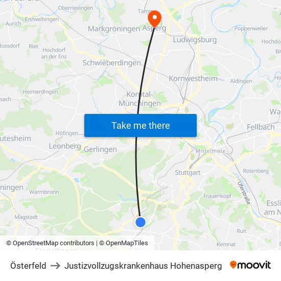 Österfeld to Justizvollzugskrankenhaus Hohenasperg map