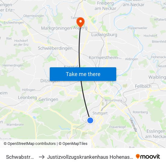 Schwabstraße to Justizvollzugskrankenhaus Hohenasperg map