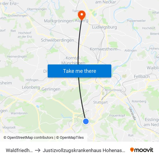 Waldfriedhof to Justizvollzugskrankenhaus Hohenasperg map