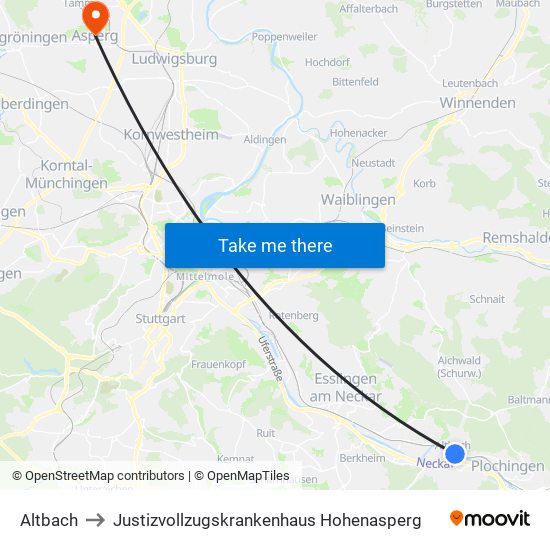 Altbach to Justizvollzugskrankenhaus Hohenasperg map