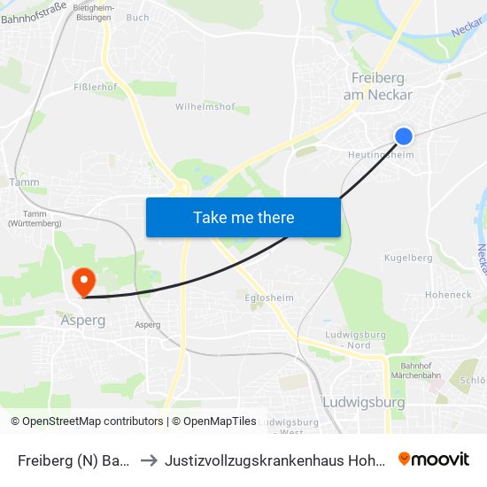 Freiberg (N) Bahnhof to Justizvollzugskrankenhaus Hohenasperg map