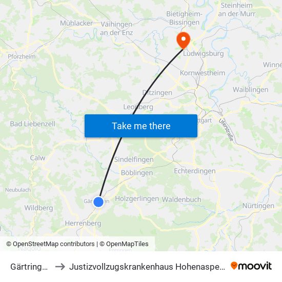 Gärtringen to Justizvollzugskrankenhaus Hohenasperg map