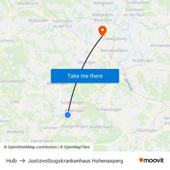 Hulb to Justizvollzugskrankenhaus Hohenasperg map