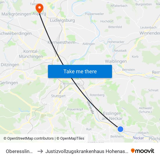 Oberesslingen to Justizvollzugskrankenhaus Hohenasperg map