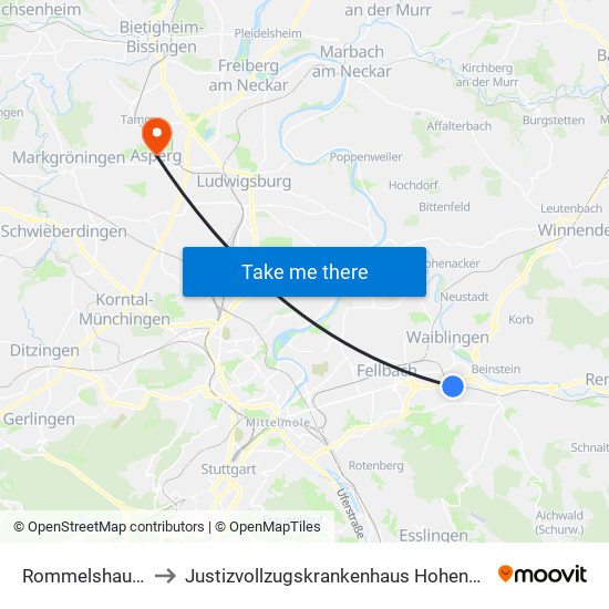 Rommelshausen to Justizvollzugskrankenhaus Hohenasperg map