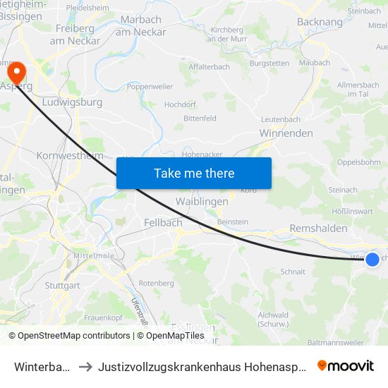 Winterbach to Justizvollzugskrankenhaus Hohenasperg map
