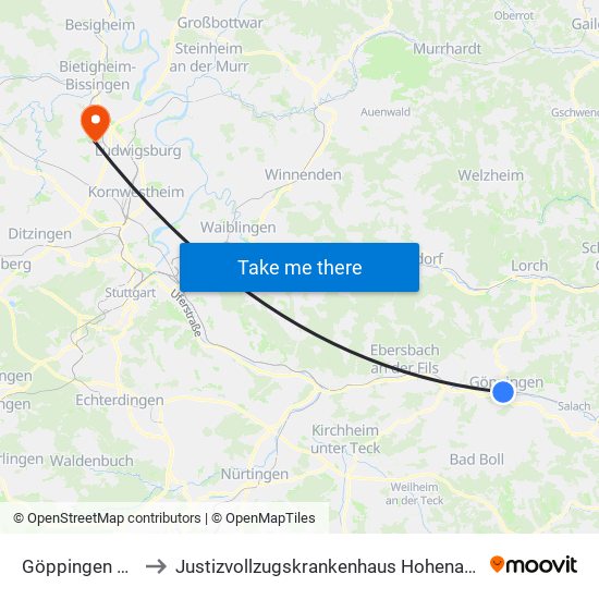 Göppingen Zob to Justizvollzugskrankenhaus Hohenasperg map