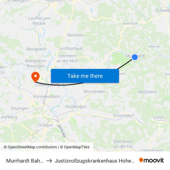 Murrhardt Bahnhof to Justizvollzugskrankenhaus Hohenasperg map