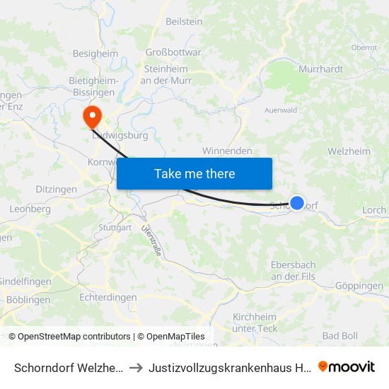 Schorndorf Welzheimer Str. to Justizvollzugskrankenhaus Hohenasperg map