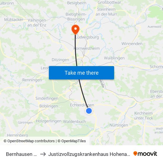 Bernhausen Tüv to Justizvollzugskrankenhaus Hohenasperg map
