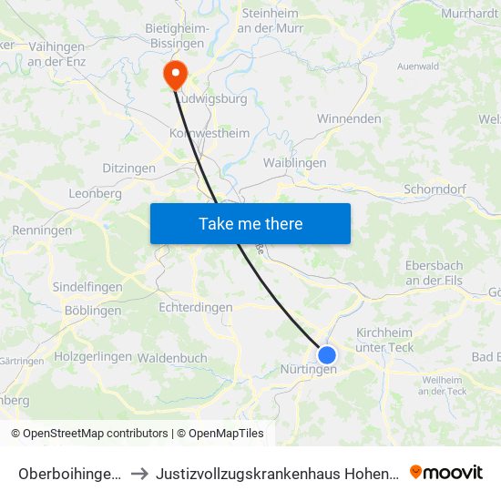 Oberboihingen Bf to Justizvollzugskrankenhaus Hohenasperg map