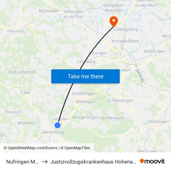 Nufringen Mitte to Justizvollzugskrankenhaus Hohenasperg map
