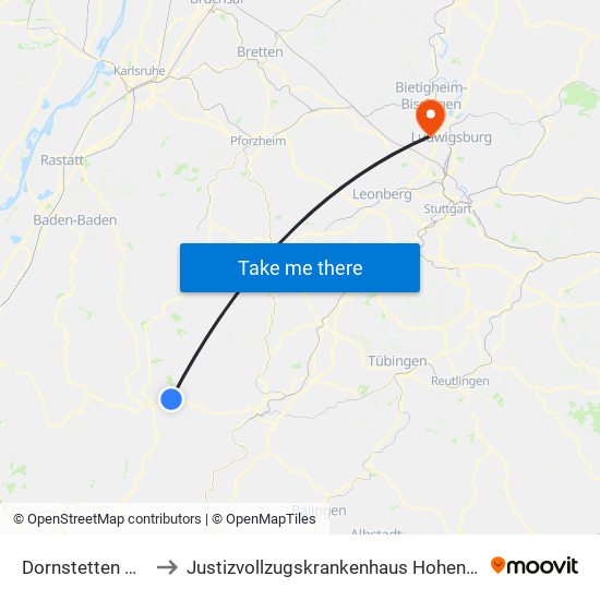 Dornstetten Aach to Justizvollzugskrankenhaus Hohenasperg map