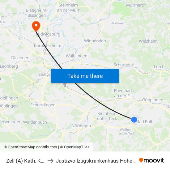 Zell (A) Kath. Kirche to Justizvollzugskrankenhaus Hohenasperg map