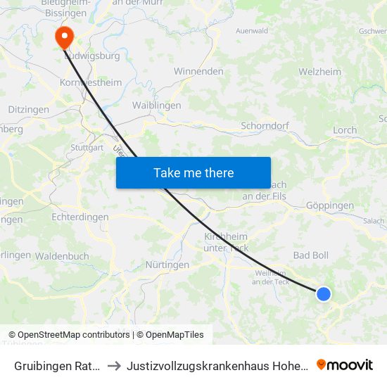 Gruibingen Rathaus to Justizvollzugskrankenhaus Hohenasperg map