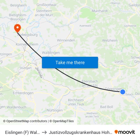 Eislingen (F) Waldhorn to Justizvollzugskrankenhaus Hohenasperg map