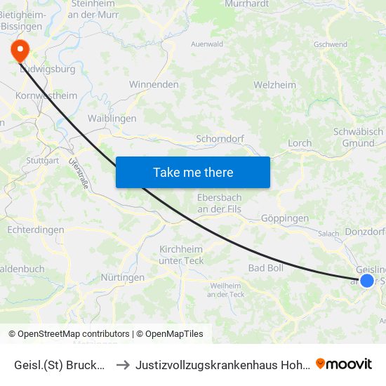 Geisl.(St) Bruckwiesen to Justizvollzugskrankenhaus Hohenasperg map