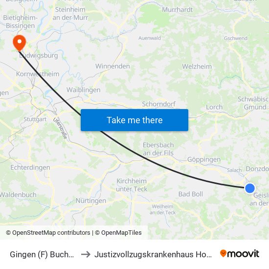 Gingen (F) Buchsteiner to Justizvollzugskrankenhaus Hohenasperg map