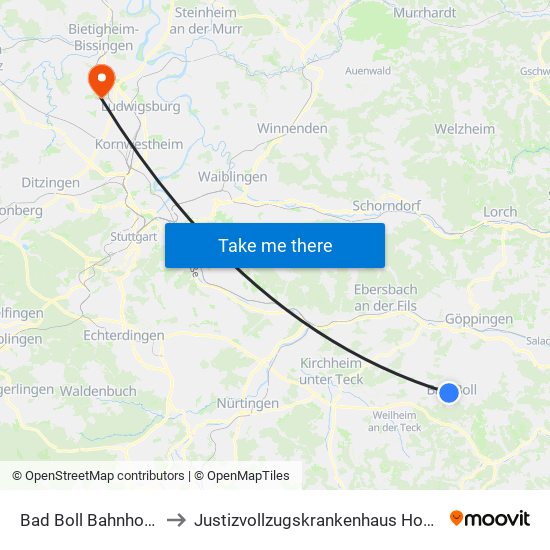 Bad Boll Bahnhofsallee to Justizvollzugskrankenhaus Hohenasperg map