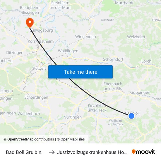 Bad Boll Gruibinger Str. to Justizvollzugskrankenhaus Hohenasperg map