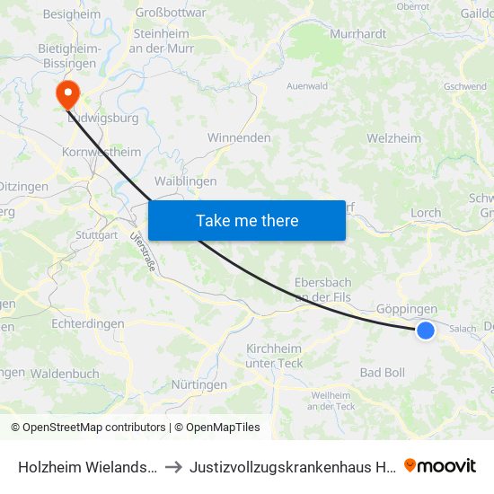 Holzheim Wielandstraße/Bf to Justizvollzugskrankenhaus Hohenasperg map