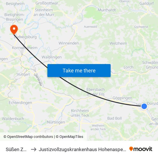 Süßen Zob to Justizvollzugskrankenhaus Hohenasperg map