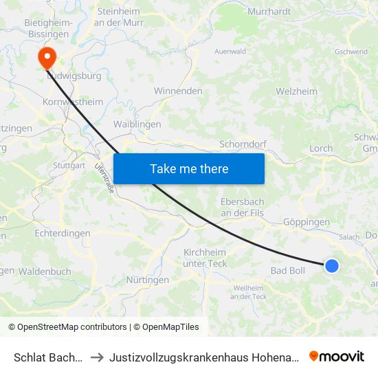 Schlat Bachstr. to Justizvollzugskrankenhaus Hohenasperg map
