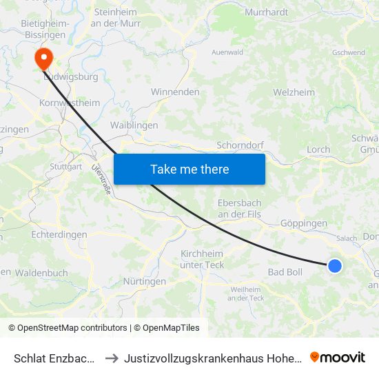 Schlat Enzbachweg to Justizvollzugskrankenhaus Hohenasperg map