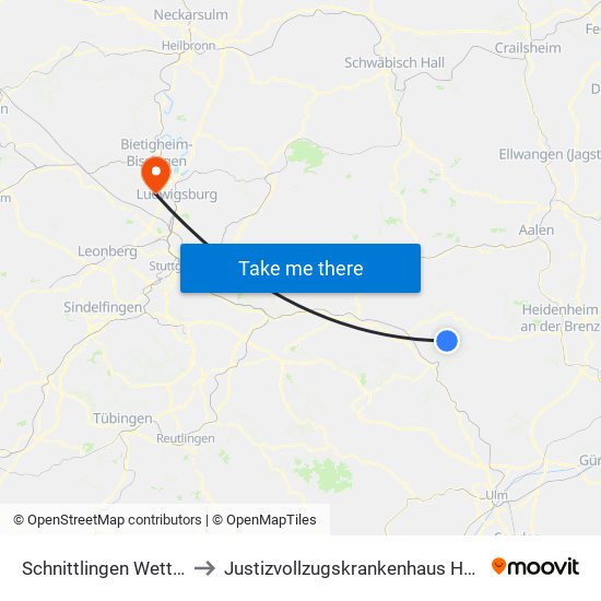 Schnittlingen Wetterwarte to Justizvollzugskrankenhaus Hohenasperg map