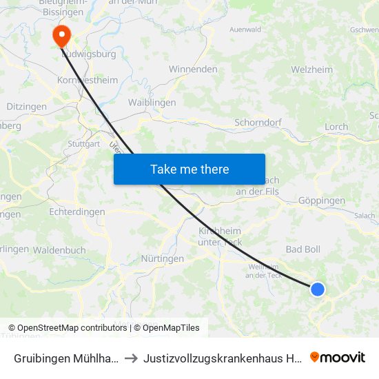 Gruibingen Mühlhauser Str. to Justizvollzugskrankenhaus Hohenasperg map