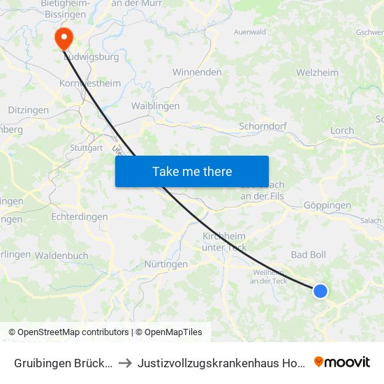 Gruibingen Brückenweg to Justizvollzugskrankenhaus Hohenasperg map