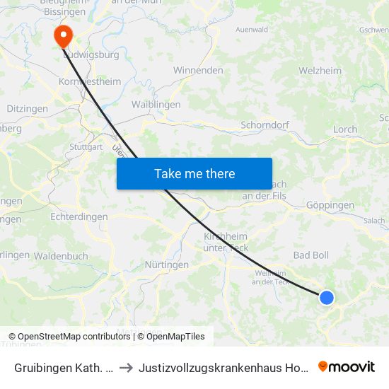 Gruibingen Kath. Kirche to Justizvollzugskrankenhaus Hohenasperg map