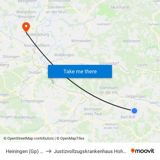 Heiningen (Gp) Adler to Justizvollzugskrankenhaus Hohenasperg map