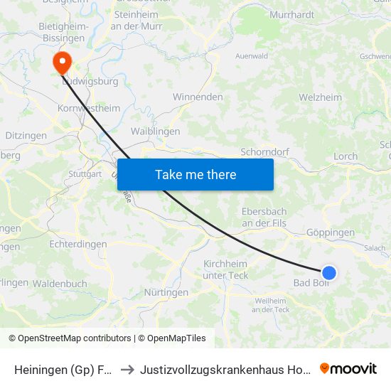 Heiningen (Gp) Friedhof to Justizvollzugskrankenhaus Hohenasperg map