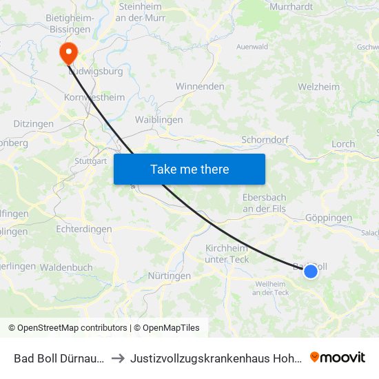Bad Boll Dürnauer Str. to Justizvollzugskrankenhaus Hohenasperg map