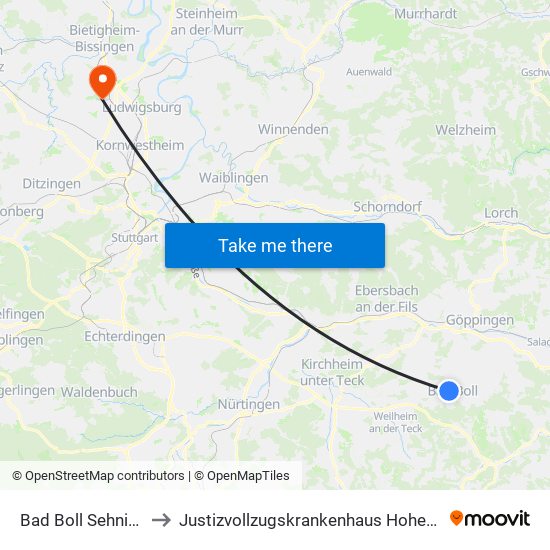 Bad Boll Sehningen to Justizvollzugskrankenhaus Hohenasperg map