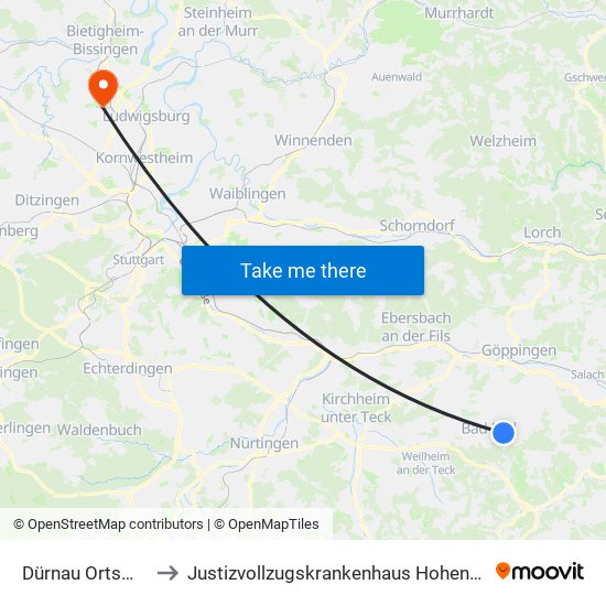 Dürnau Ortsmitte to Justizvollzugskrankenhaus Hohenasperg map